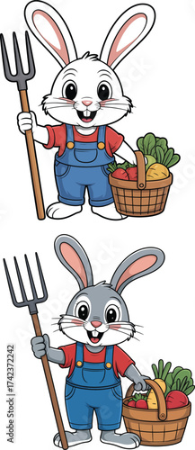 Happy Cartoon Rabbit Farmer Mascot with Pitchfork and Vegetable Basket Gardening Character Vector Illustration