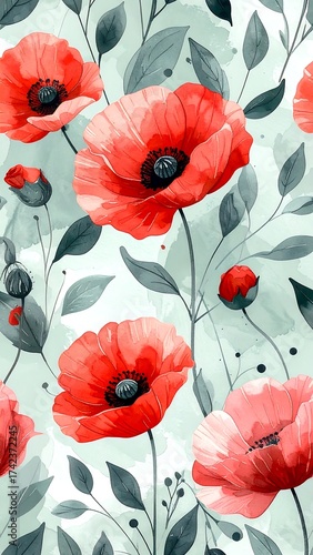 Red poppy floral watercolor arrangement with soft green leaves