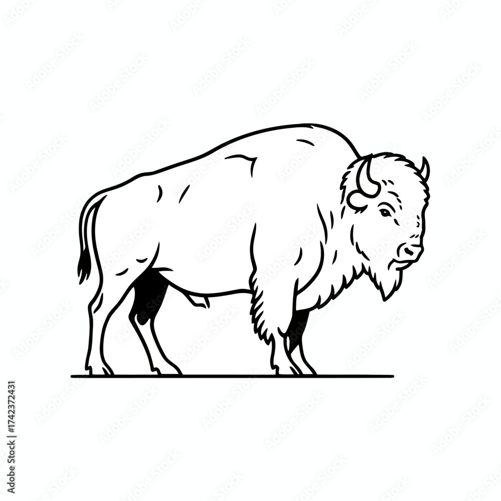 Obraz premium Stylized line art illustration of a powerful American bison, also known as a buffalo, symbolizing strength, wilderness, and the iconic wildlife of North America
