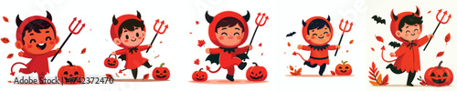 vector of little boy in red devil costume celebrating halloween