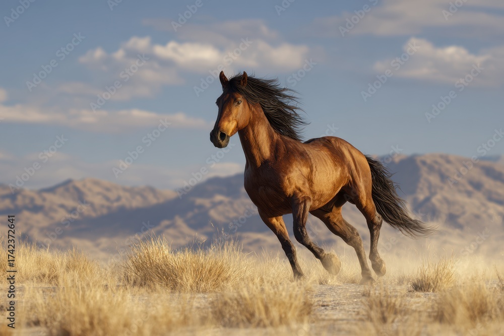 Fototapeta premium Majestic Horse Galloping Through Golden Grasslands at Sunset