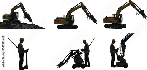 Excavator with hydraulic breaker, construction workers with jackhammers, heavy equipment, industrial labor, occupational safety, infrastructure silhouettes, vector illustration