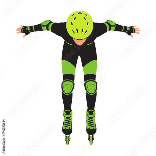 Top view of a person in a bright protective suit and helmet on roller skates in an active pose