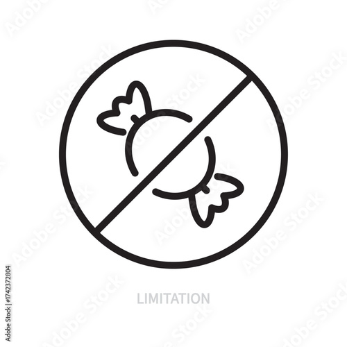 Limitation line icon. No candy, no sweet symbol.  Warning sign. Healthy food, lifestyle concept. Isolated on a white background. Editable stroke. Flat design. Vector illustration.