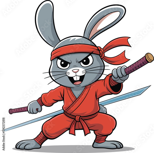 Angry Cartoon Rabbit Ninja Mascot with Red Suit and Swords Martial Arts Character Vector Illustration