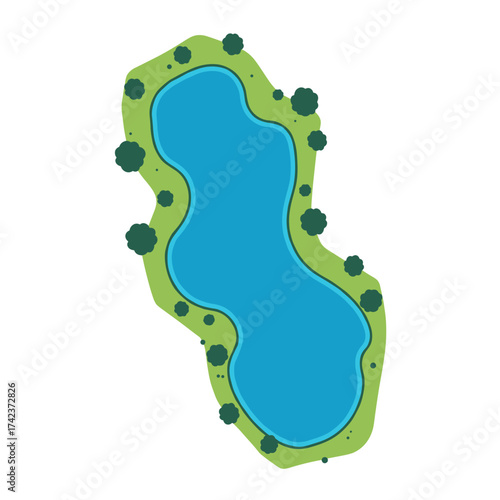 Isolated top view of a naturally shaped lake with a green foliage border in a vibrant design