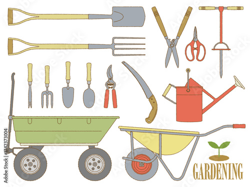 Illustration of various gardening tools including shovels, a wheelbarrow, watering can, shears, and small hand tools.