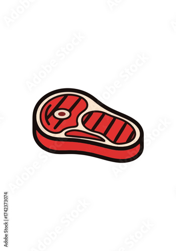 Vector style illustration of a steak icon with a bold outline. Raw red meat with grill marks. Food and butchery graphic isolated on a white background