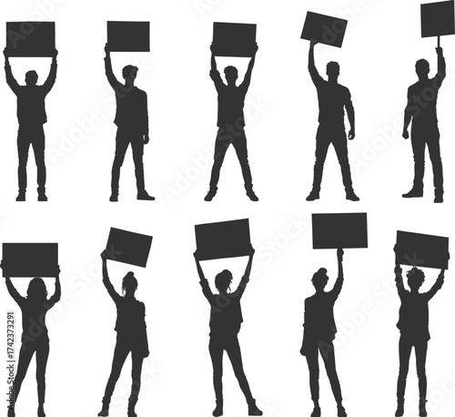 Set silhouettes of people in protest isolated on transparent background. Front view. Vector illustration