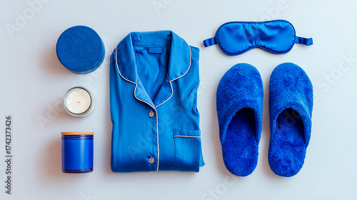 Blue pajama set with slippers, eye mask, and candle arranged neatly on light background with copy space