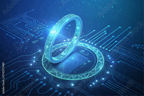 Glowing ring hovering above a circular platform on a blue circuit board with bright connecting lines