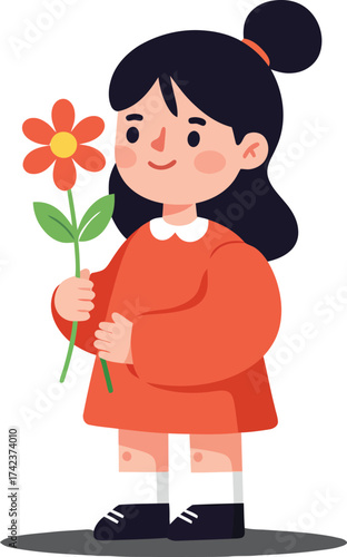 Little girl holding orange flower in red dress vector illustration with black hair and white socks 