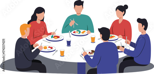 Group of people enjoying meal together at round table in casual dining setting with drinks and food 