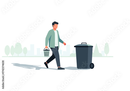 A man carries a trash bin toward an outdoor garbage container. Waste disposal and household chores.