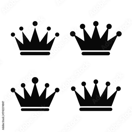 Set of four vector crown icons illustrating royalty authority power and regal symbolism scalable eps graphic silhouette White background
