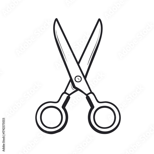 Hand drawn scissors icon illustration. Open shears line art for crafts, school, or office supplies.