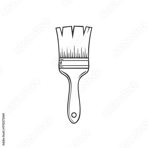 Single paint brush illustration with wooden handle and visible bristles in a simple line drawing isolated on white
