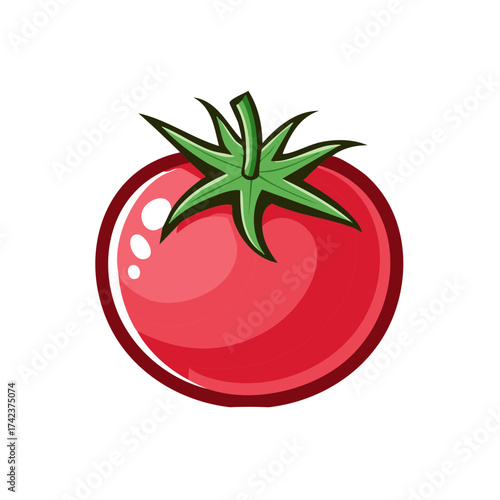 Cartoon illustration of a vibrant red tomato, fresh with green stem, simple vector.