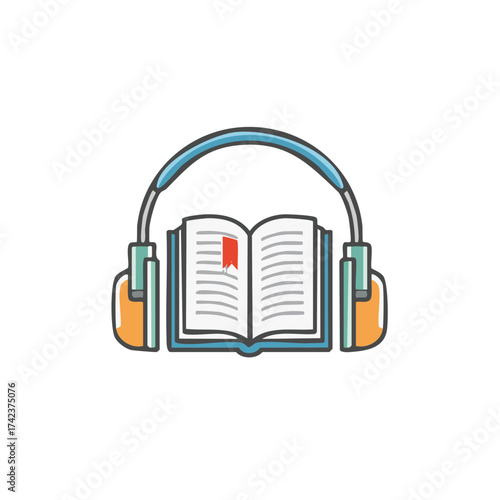 Audiobook concept open book with headphones and bookmark, education and listening