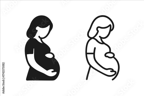Pregnant woman icon vector illustration set. Two versions with transparent background. Maternity symbol, pregnancy silhouette, motherhood, prenatal care, expecting mother design.