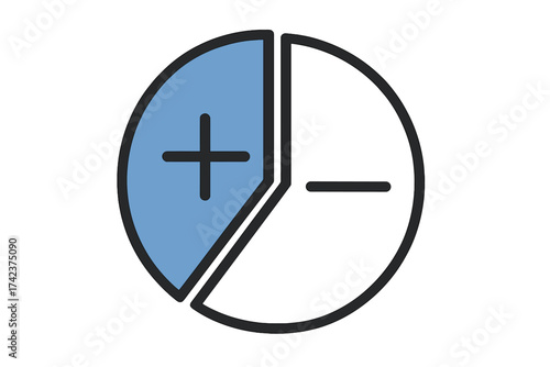 Pie chart with plus and minus icons, segmented circular infographic for statistics and accounting concepts, business data analysis, finance vector illustration with transparent background