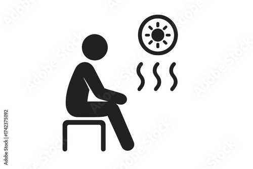 Sauna icon vector illustration, person relaxing in hot steam room, heat waves and sun symbol, spa and wellness, health and relaxation concept, black silhouette design