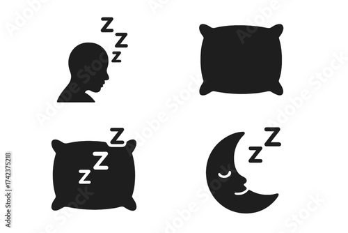 Sleep and Relaxation Icons Set with Sleeping Head Silhouette, Soft Pillow, and Peaceful Moon Symbol, Night Time Rest, Quiet Sleep, Relaxing Bedtime Vector Illustration