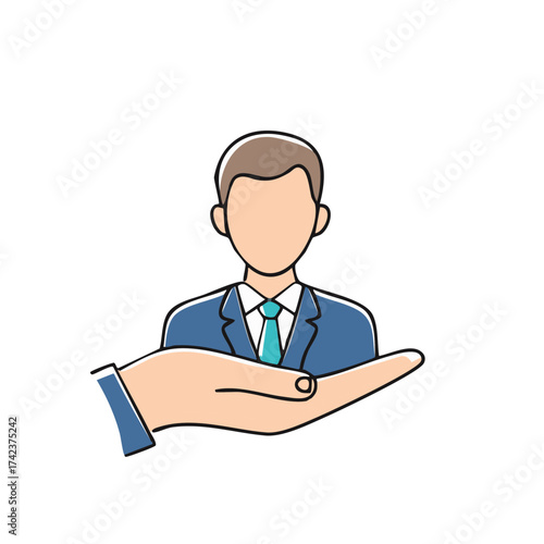 Business Person in Blue Suit Offered on Open Palm Cartoon Illustration Concept