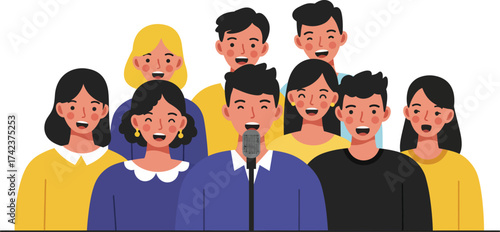 Diverse people singing together in choir with microphone vector illustration in casual clothes and bright colors 