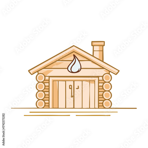 Cartoon illustration of a rustic wooden sauna or bathhouse log cabin with water drop symbol