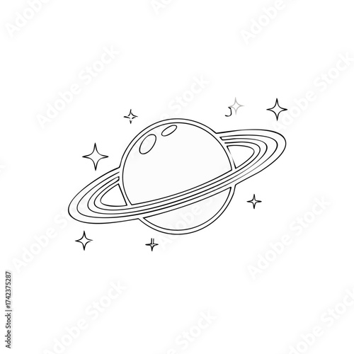 Stylized outline planet with rings and four pointed stars
