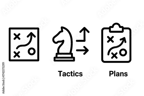 Strategy and tactics icons set with chess knight symbol, concept of planning, strategic moves, and decision-making illustration, business and game strategy design, vector