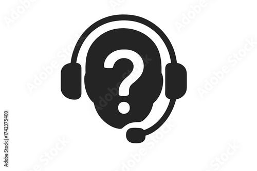 Technical support headset icon with question mark symbol, call center assistance vector illustration, customer service help desk, support operator silhouette with microphone, transparent background