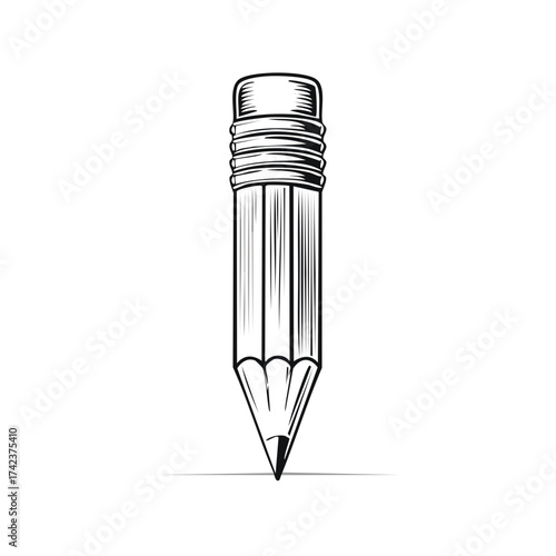 Sharp Pencil with Eraser Drawing with Subtle Shadow on White Background