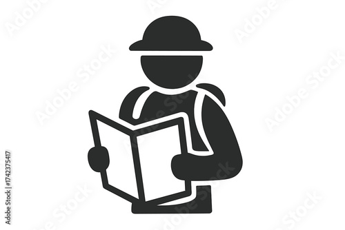 Tourist holding map vector icon with backpack and hat, travel guide symbol, navigation illustration, explorer concept, tourist outdoors adventure silhouette, trip planning graphic