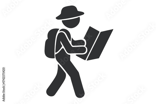 Tourist holding map vector icon walking with backpack and hat, travel navigation symbol, explorer with map travel guide concept, tourism illustration silhouette