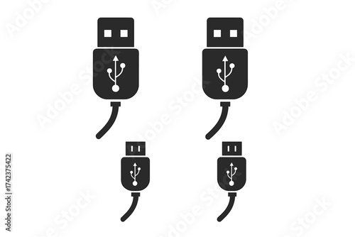 USB cable connector icon set with port, cord, wire. Vector illustration of computer data transfer cable with transparent background, technology design element, ordered collection.