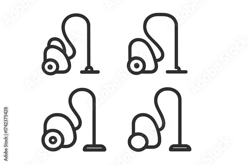 Vector vacuum cleaner icon set, floor cleaner and hoover symbols, simple black outline design, home cleaning equipment illustration, household appliance icons, transparent background