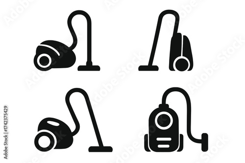 Vacuum cleaner icon set, floor cleaner and hoover symbols, vector illustration, black silhouettes, household cleaning appliances, modern design with hose and nozzle, transparent background