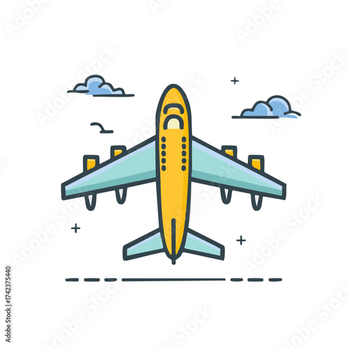 Overhead view of a flying airplane flat design icon for air travel and adventure concept