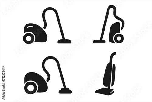 Vacuum cleaner icons set, floor cleaner and hoover silhouette symbols, vector illustration with transparent background, home cleaning tools, household vacuum designs
