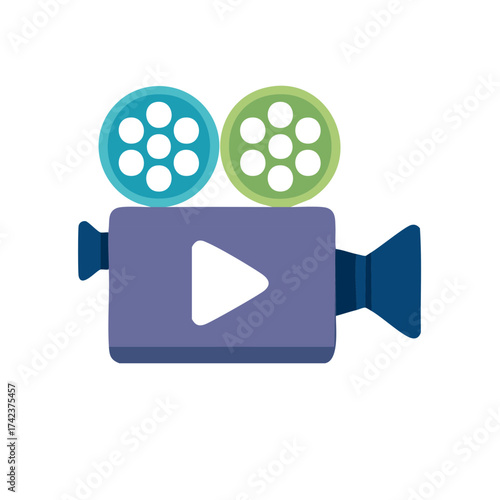 Colorful retro movie camera icon with film reels and a play button symbol