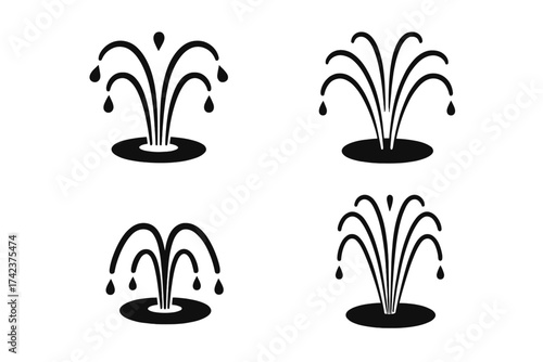 Water jet fountain icon vector set. Silhouette water spray images with drops and circular base, isolated black design, transparent background, decorative urban park or garden decor illustration.