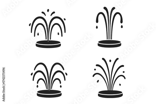 Water jet fountain vector icons set, black silhouette water spray fountain illustrations, outdoor decorative water feature, splash droplets, garden and park design elements
