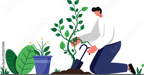 Man Gardening with Green Plants and Blue Pot in Minimalist Style Vector Illustration 