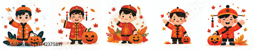 Vector of a little boy wearing a Chinese costume celebrating Halloween