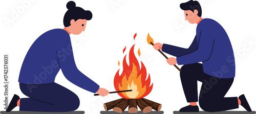 Two people roasting marshmallows on campfire in outdoor camping activity illustration vector 
