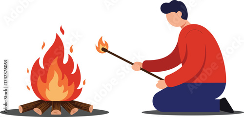 Man roasting marshmallows over campfire in casual red sweater and blue pants vector illustration 