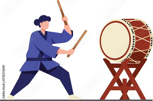 Traditional Japanese Taiko Drummer Playing Large Drum with Sticks in Martial Arts Style Vector Illustration 
