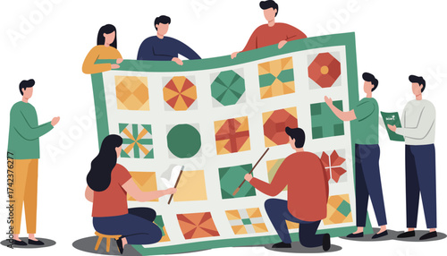 Group of people collaboratively holding and examining colorful patchwork quilt in casual teamwork setting vector illustration 